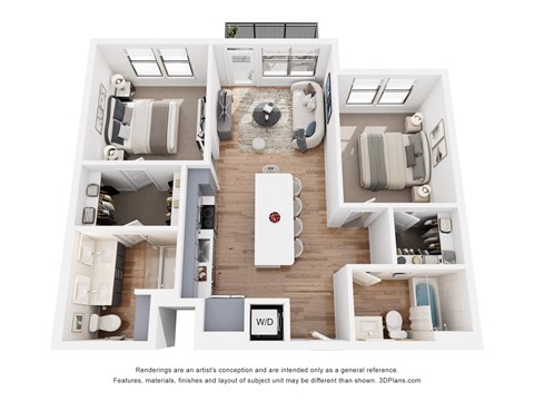 Floor plan for 2 beds, 2 baths, 964 sqft